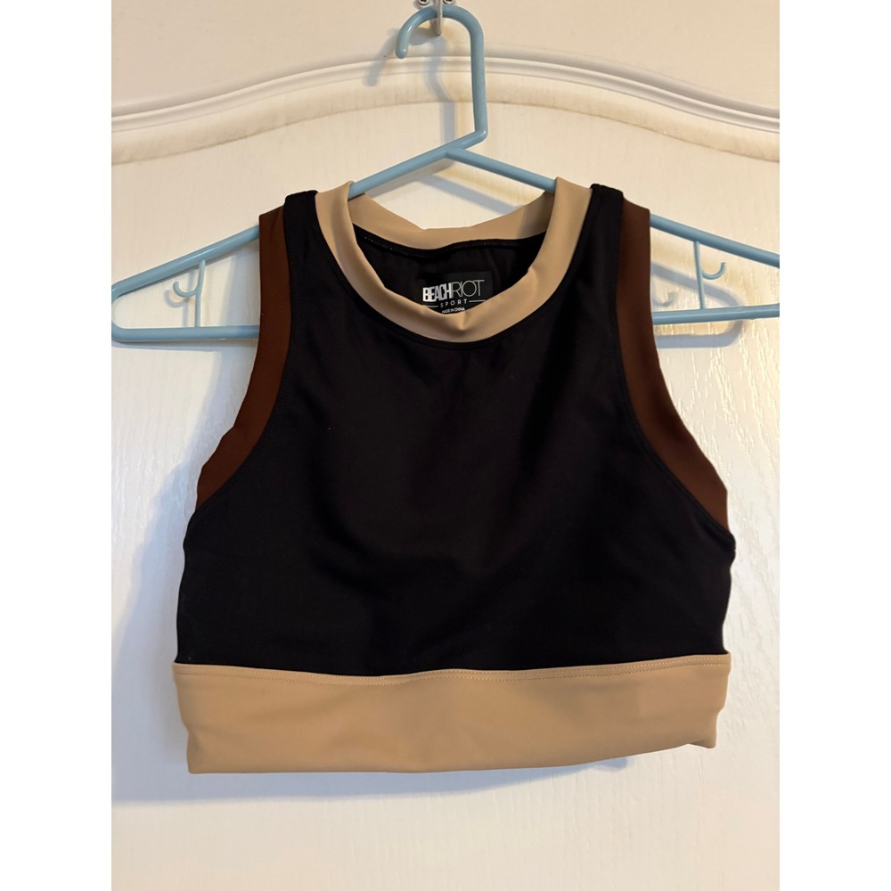 NWOT Beach Riot Women XS Colorblock Crew Neck Racerback Crop Top Black Brown